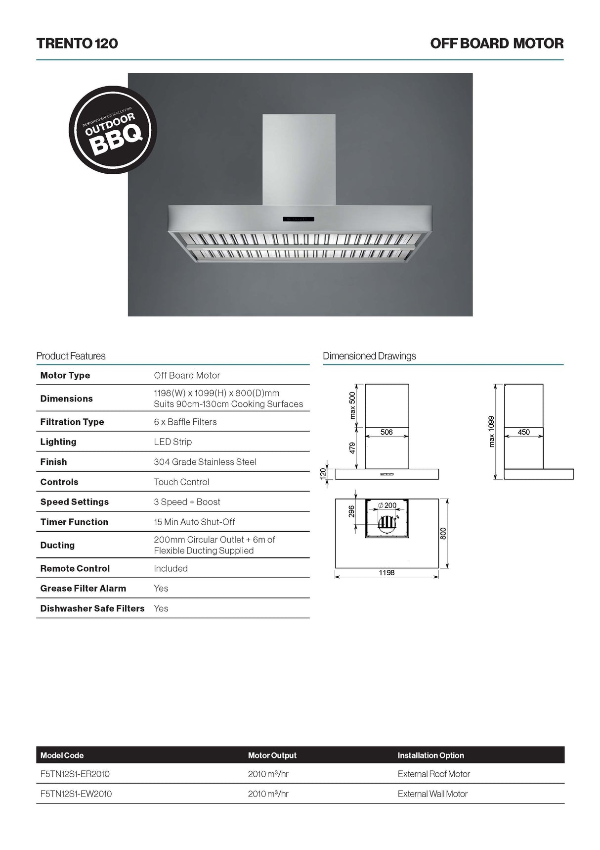 Falmec F5TN12S1-EW2010 120cm Trento Canopy Outdoor BBQ Rangehood with External Wall Motor