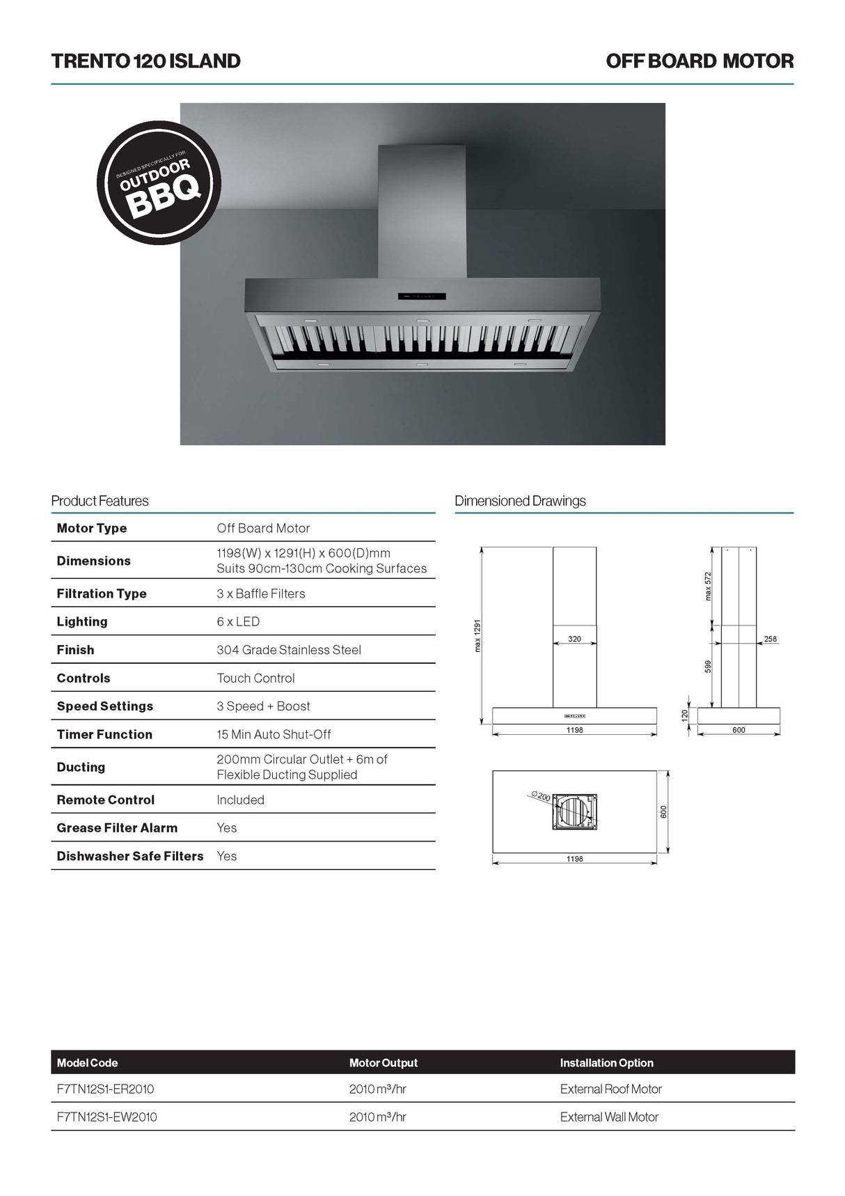 Falmec F7TN12S1-ER2010 120cm Trento Island Outdoor Canopy Rangehood with External Roof Motor