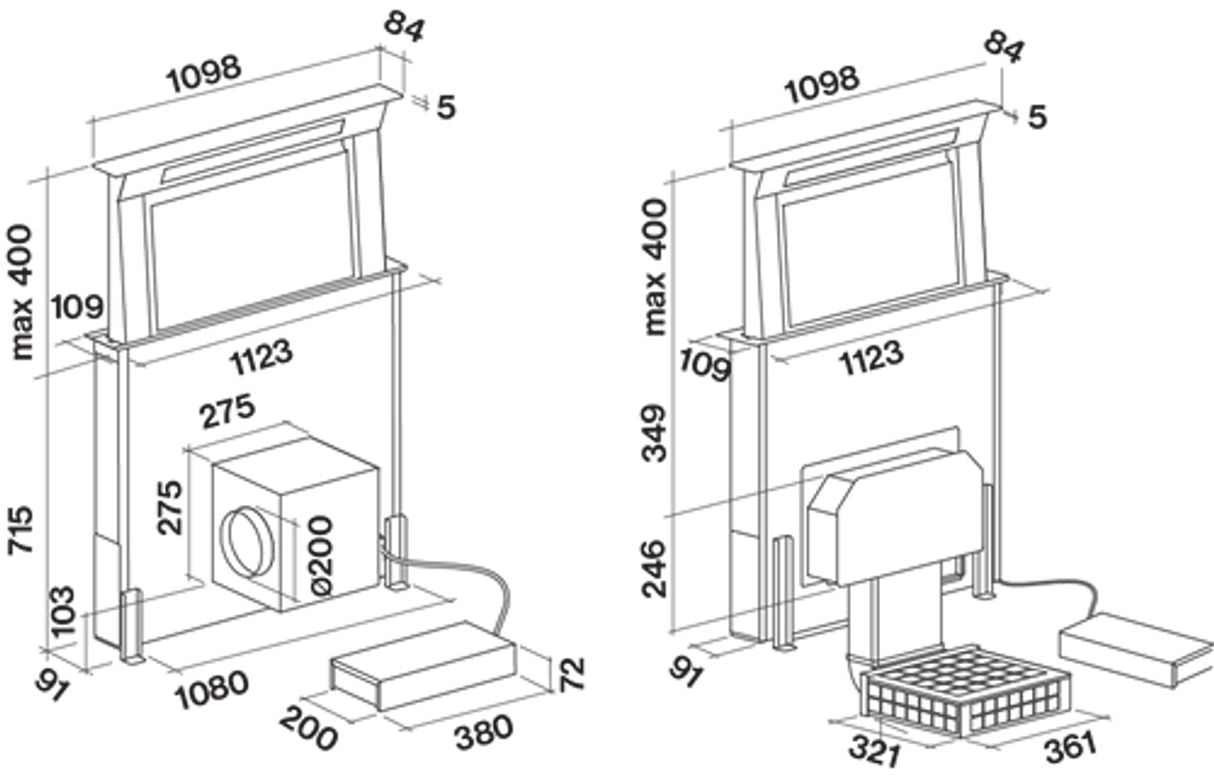 Falmec F8DD12B1-IN950 120cm Designer Series Downdraft Rangehood with In-line Motor, Stainless Steel & Black Glass