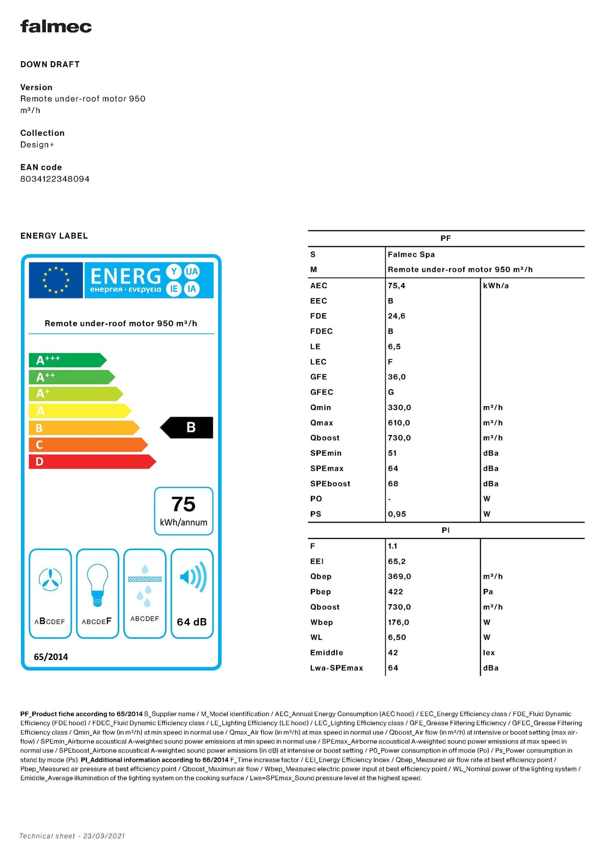 Falmec F8DD12B1-IN950 120cm Designer Series Downdraft Rangehood with In-line Motor, Stainless Steel & Black Glass