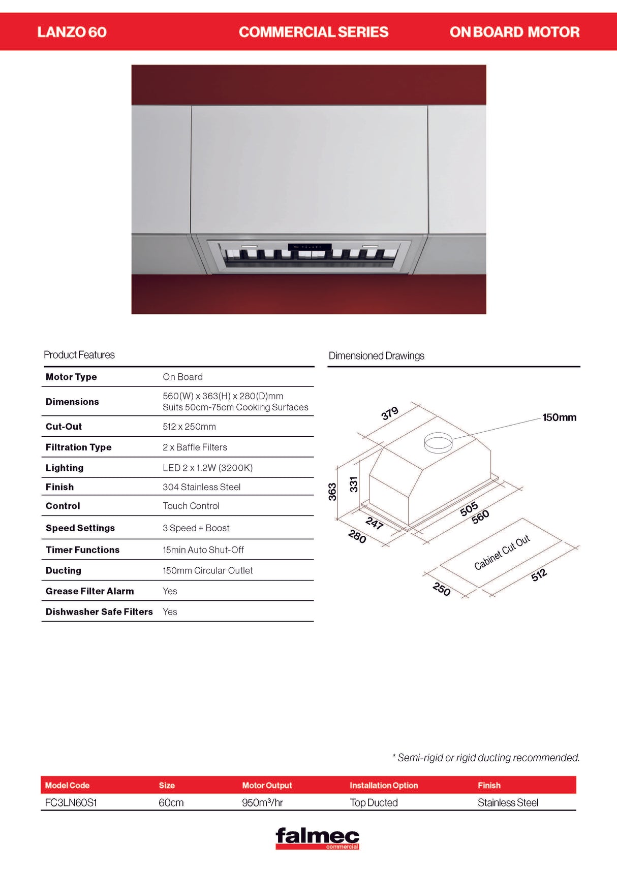 Falmec 60cm Lanzo Concealed Rangehood, 950m3/h, On Board Motor FC3LN60S1