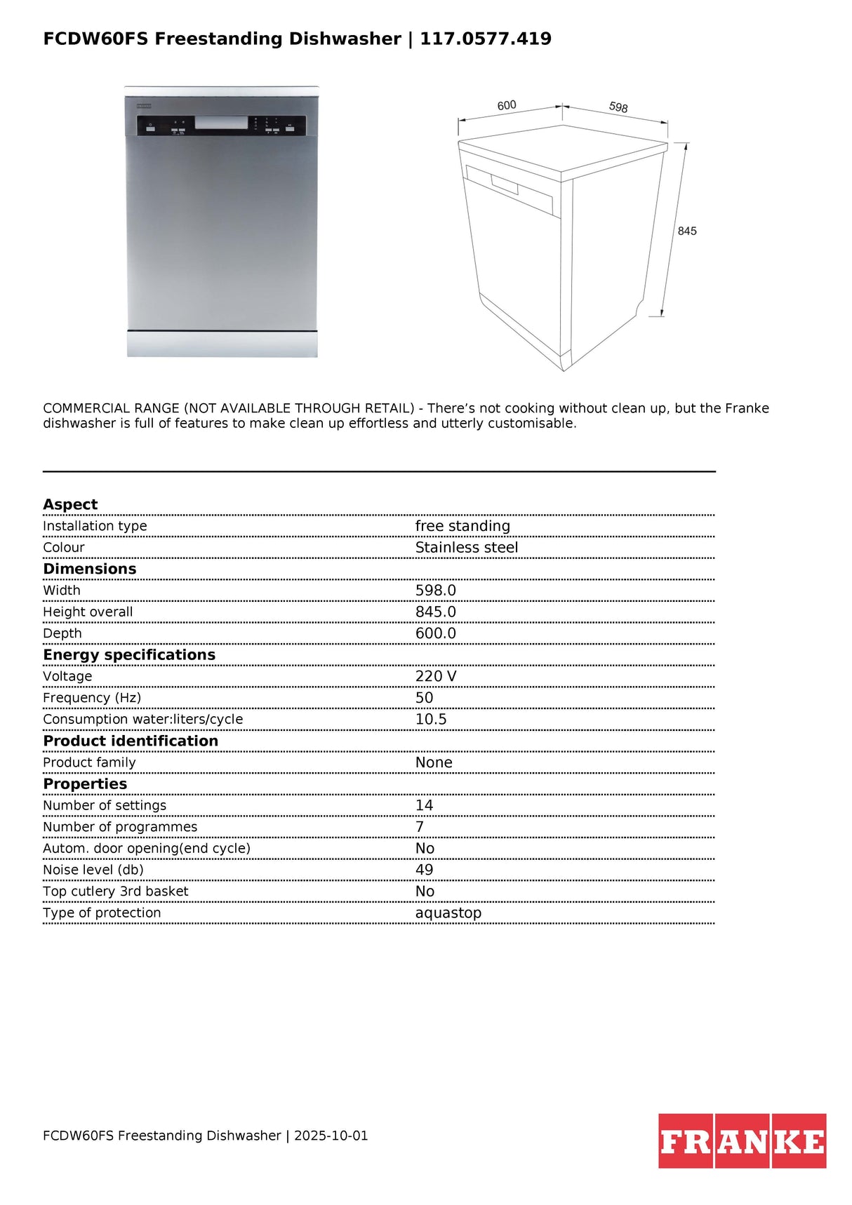 Franke FCDW60FS 60cm Urban Stainless Steel Freestanding Dishwasher