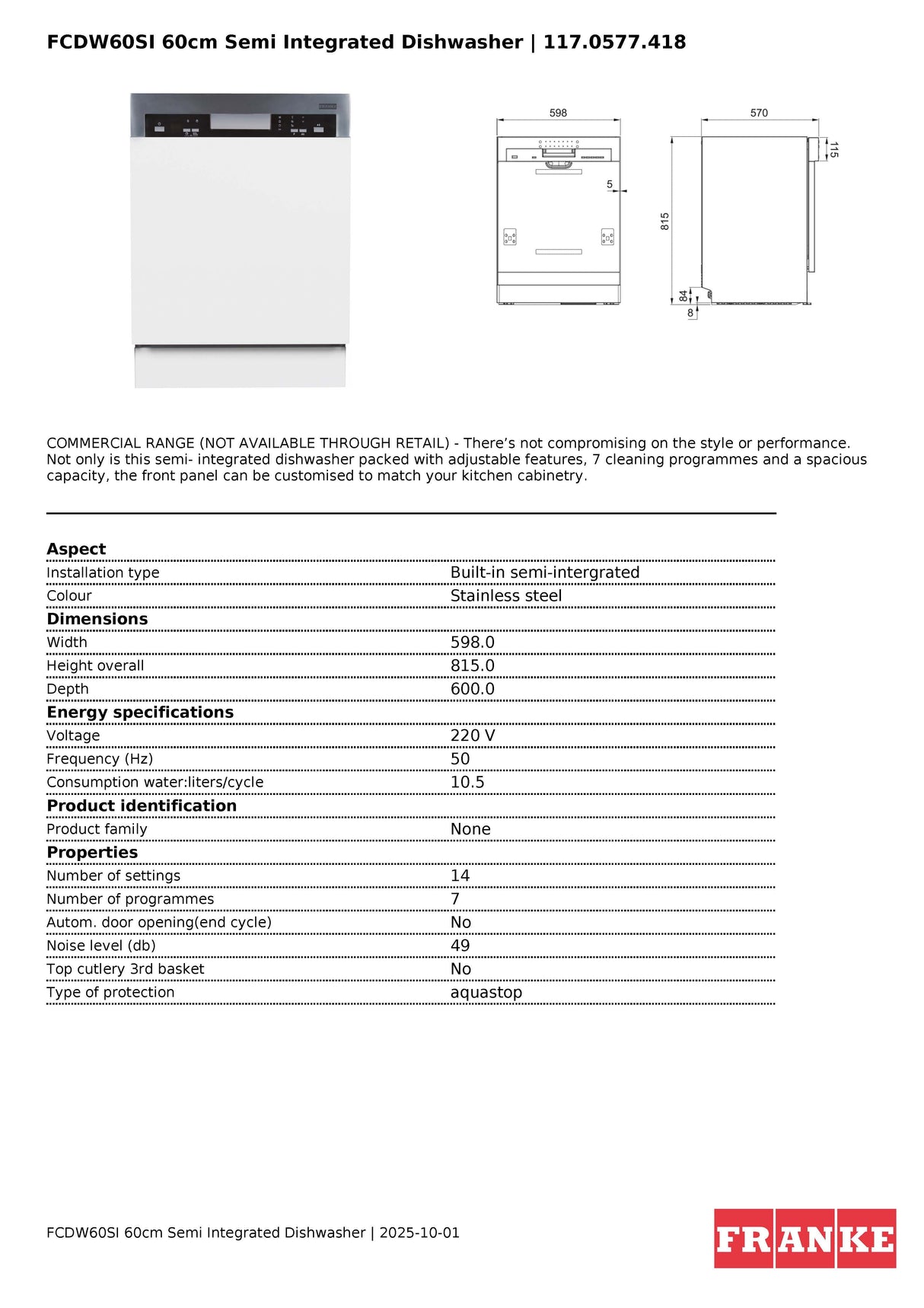 Franke FCDW60SI 60cm Urban Stainless Steel Semi-Integrated Dishwasher