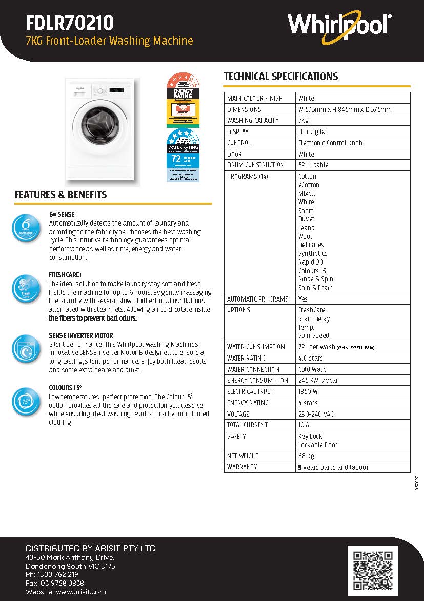 Whirlpool FDLR70210 7kg Front Load Washing Machine