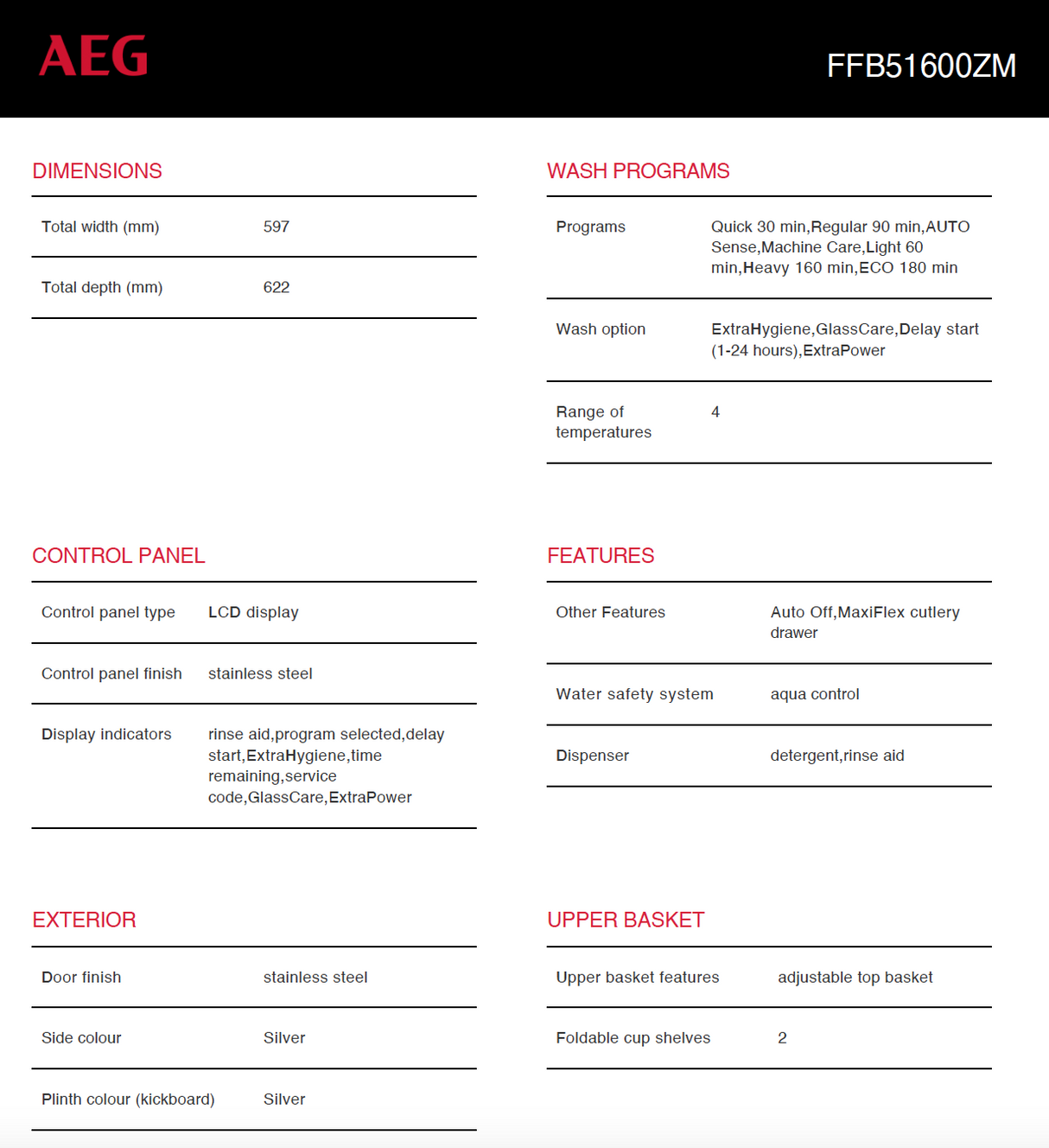 AEG FFB51600ZM 60cm Freestanding Dishwasher, Stainless Steel - AEG Factory Seconds