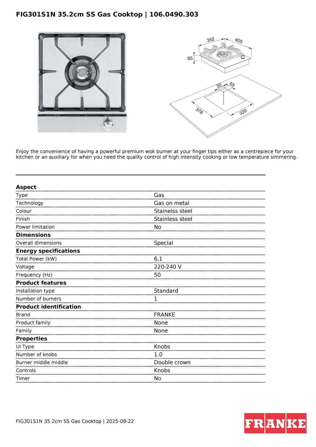 Franke FIG301S1N 22MJ Single Burner Natural Gas Stainless Steel Cooktop