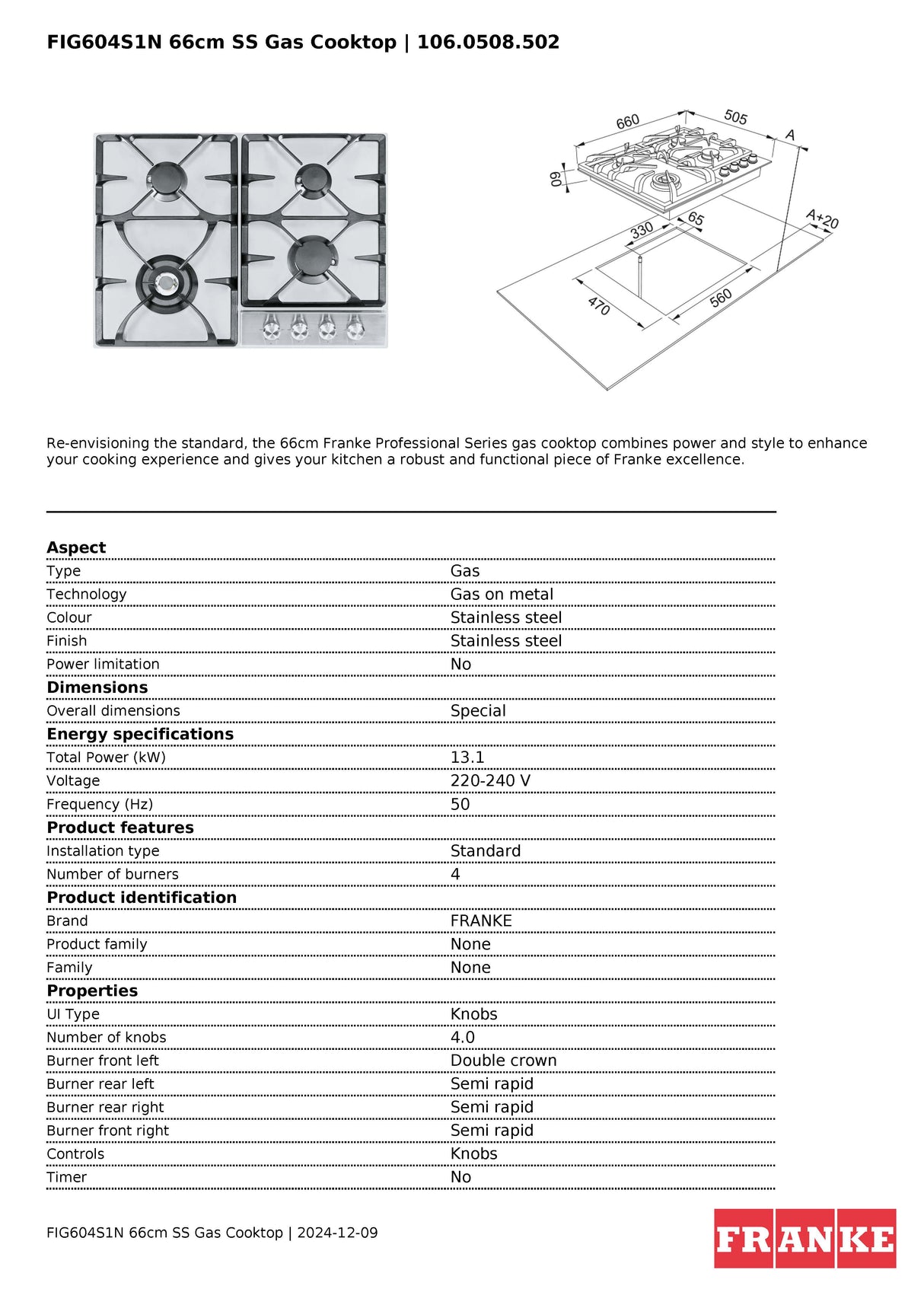 Franke FIG604S1N 66cm 4 Burner Stainless Steel Natural Gas Cooktop