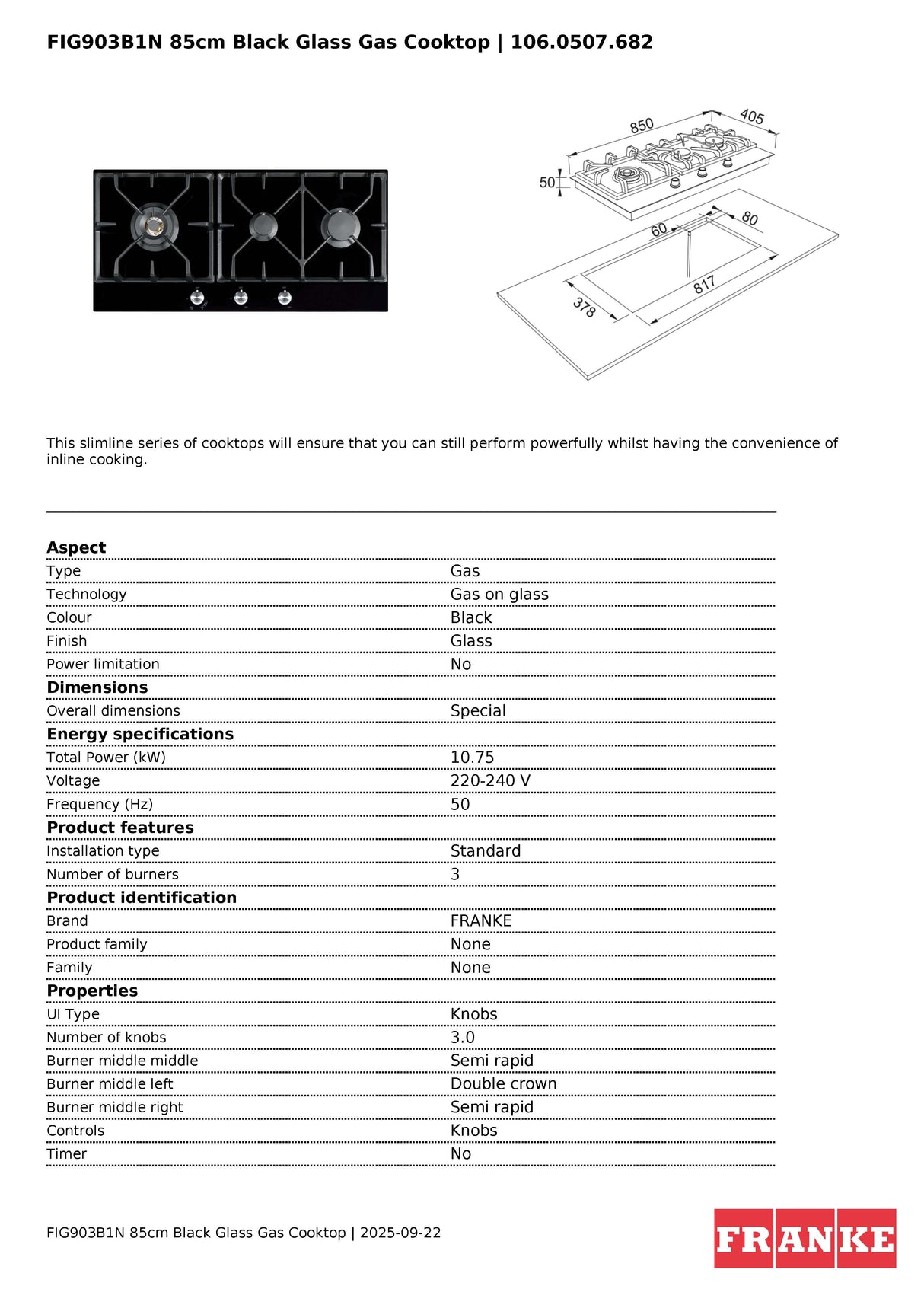 Franke FIG903B1N 3 Burner Natural Gas Black Glass Cooktop