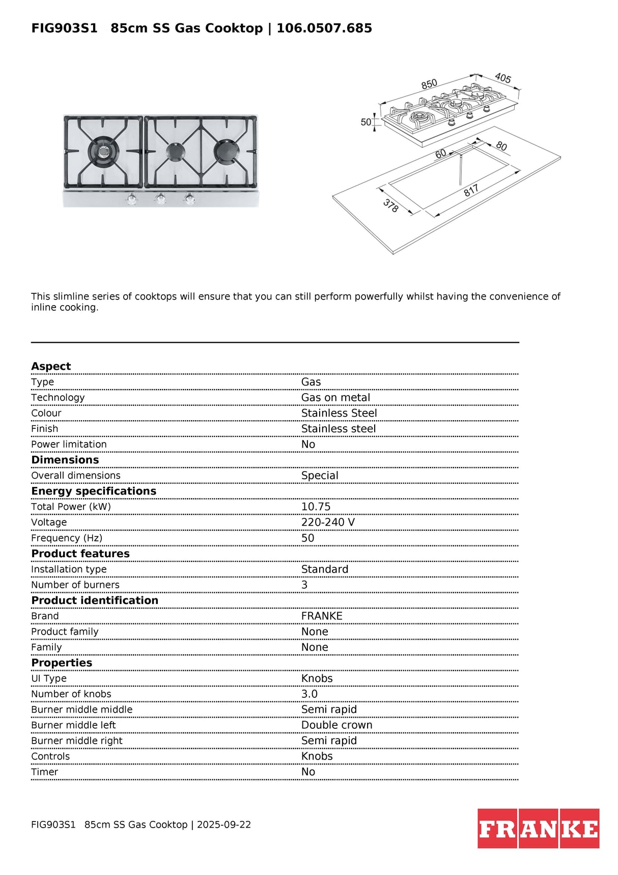 Franke FIG903S1N 3 Burner Natural Gas Stainless Steel Cooktop
