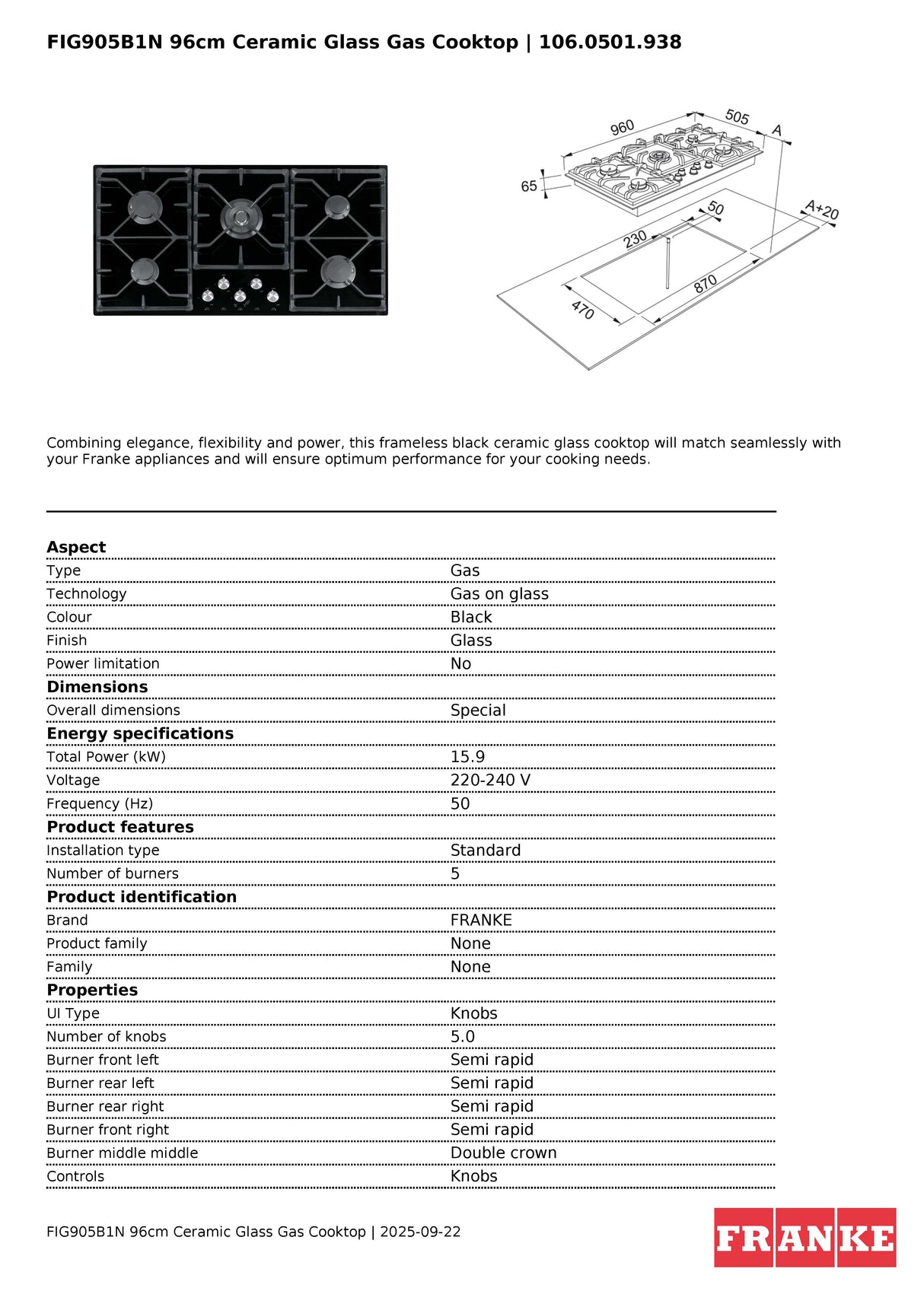 Franke FIG905B1N 96cm 5 Burner Natural Gas Black Glass Cooktop