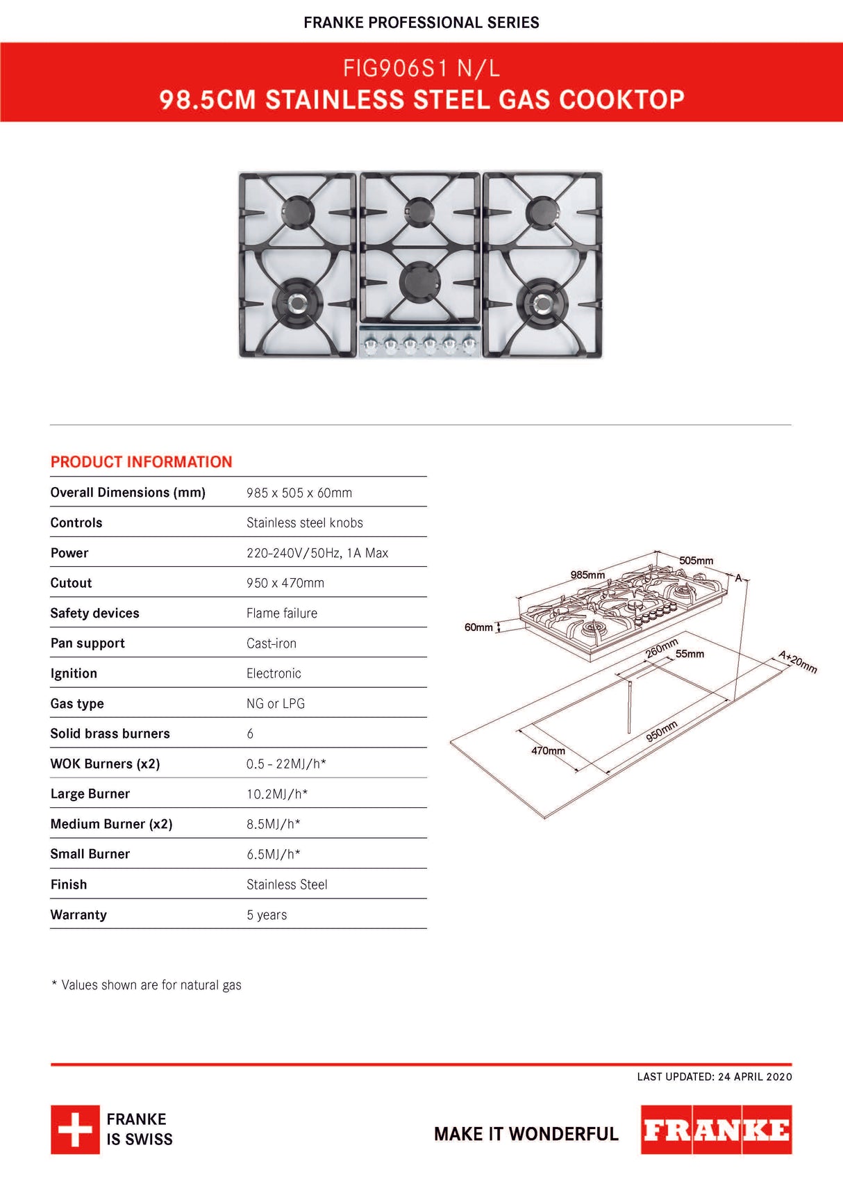Franke FIG906S1N 98.5cm 6 Burner Stainless Steel Natural Gas Cooktop