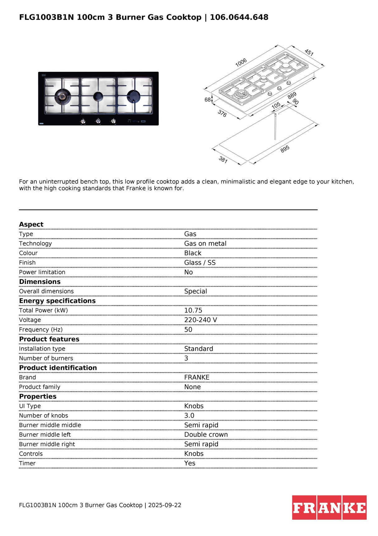 Franke FLG1003B1N 3 Burner Natural Gas Black Glass and Stainless Steel Cooktop