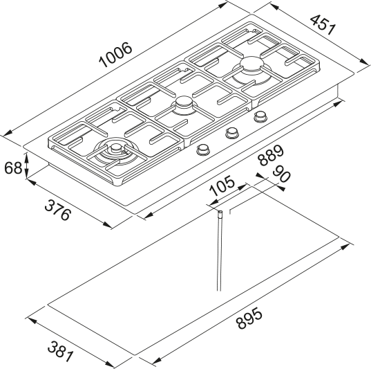 Franke FLG1003B1N 3 Burner Natural Gas Black Glass and Stainless Steel Cooktop