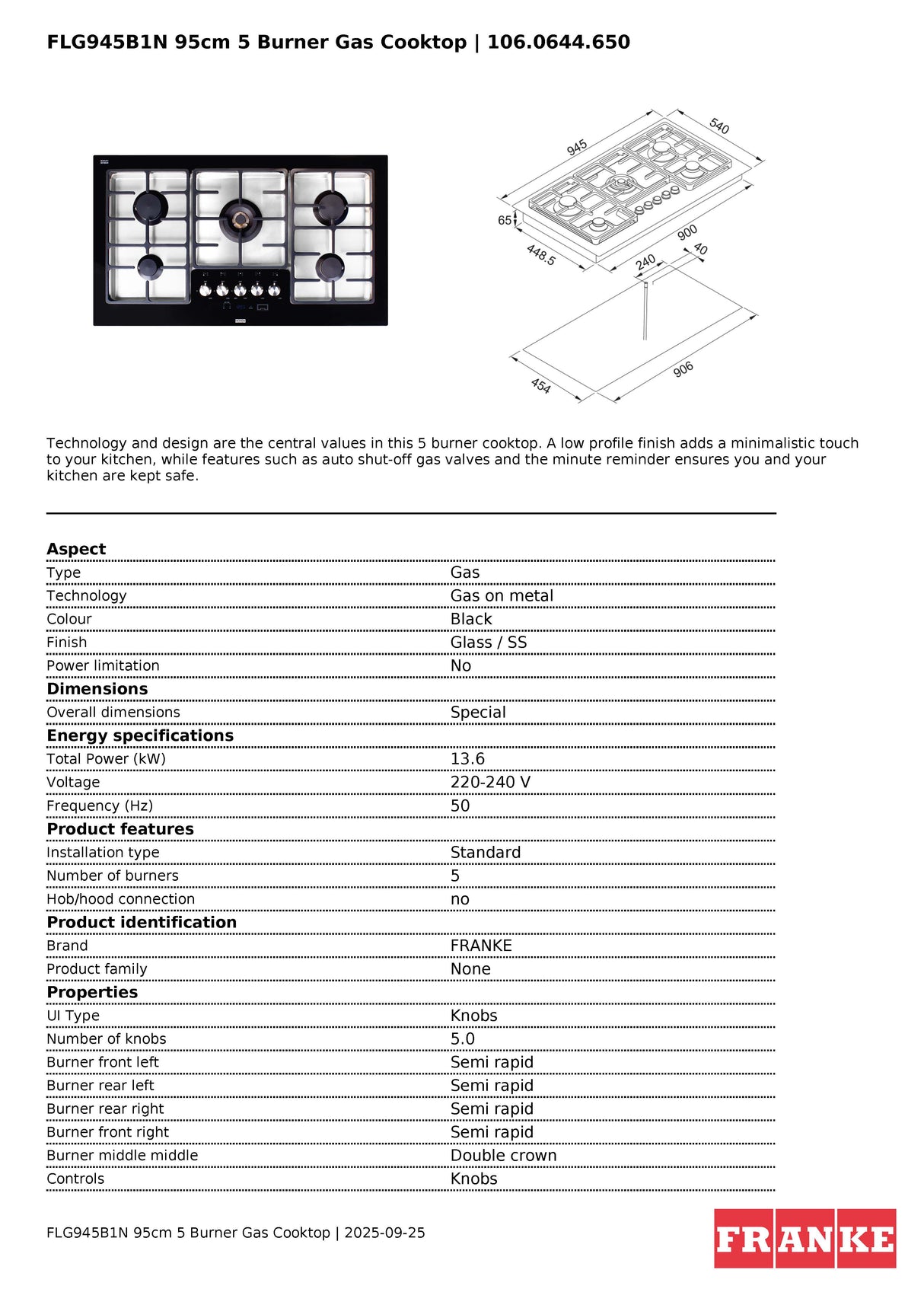 Franke FLG945B1N 95cm 5 Burner Natural Gas Black Glass and Stainless Steel Cooktop