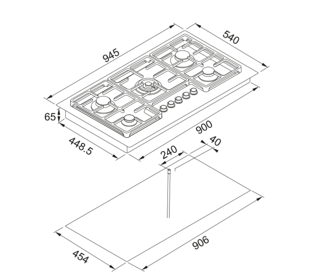 Franke FLG945B1N 95cm 5 Burner Natural Gas Black Glass and Stainless Steel Cooktop