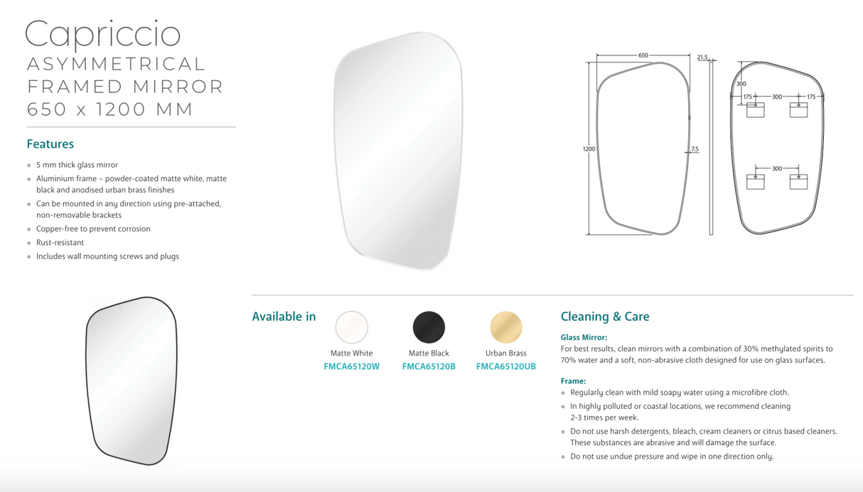 Fienza FMCA65120B Capriccio Matte Black Asymmetrical Framed Mirror, 650 x 1200mm