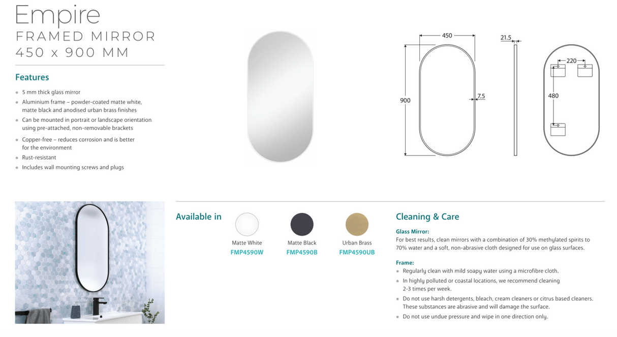 Fienza FMP60120W Empire Matte White Framed Mirror, 600 x 1200mm