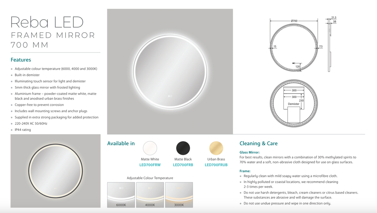 Fienza LED700FRB Reba LED Matte Black Framed Mirror, 700mm