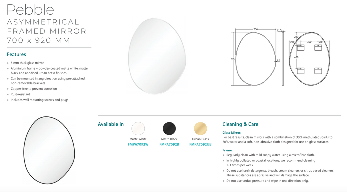 Fienza FMPA7092W Pebble Matte White Asymmetrical Framed Mirror, 700 x 920mm