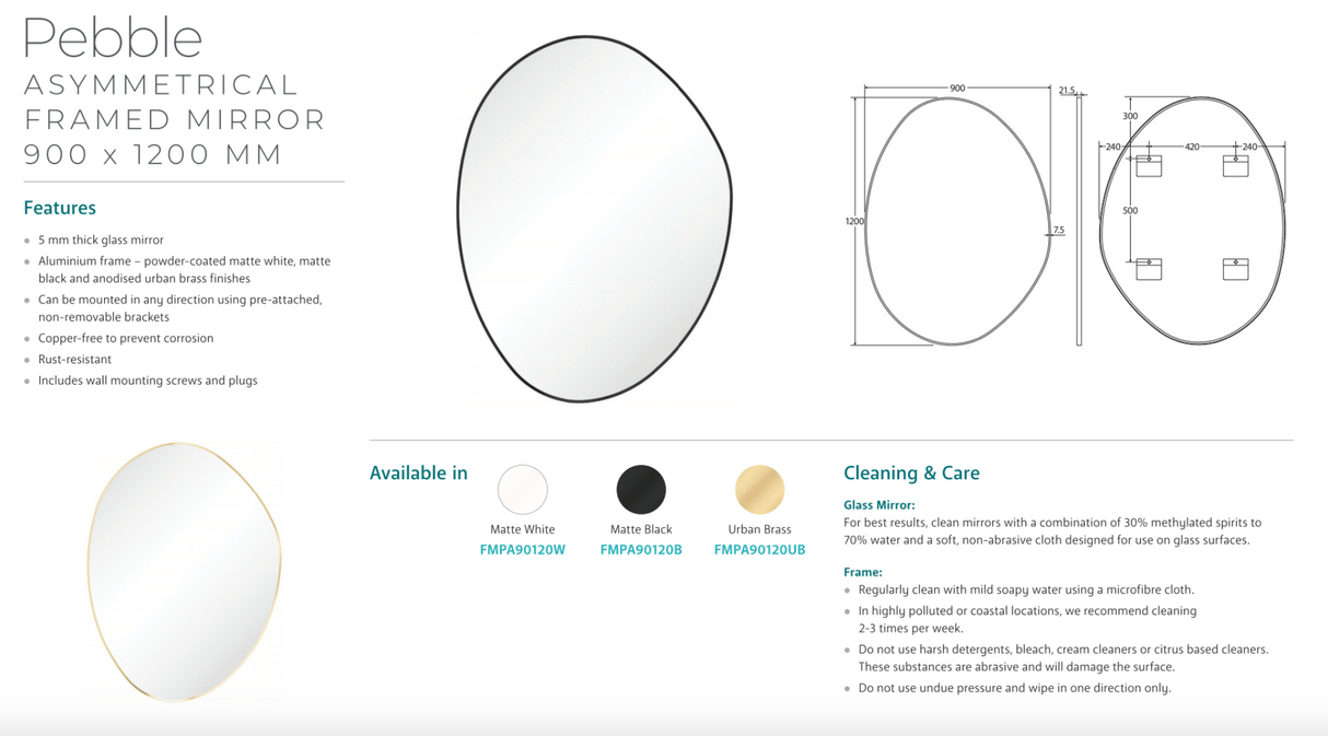 Fienza FMPA90120B Pebble Matte Black Asymmetrical Framed Mirror, 900 x 1200mm