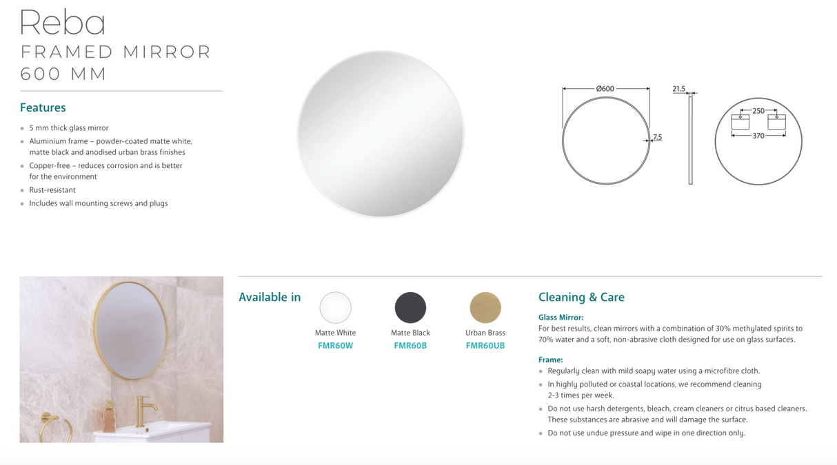 Fienza FMR60W Matte White Framed Mirror, 600mm