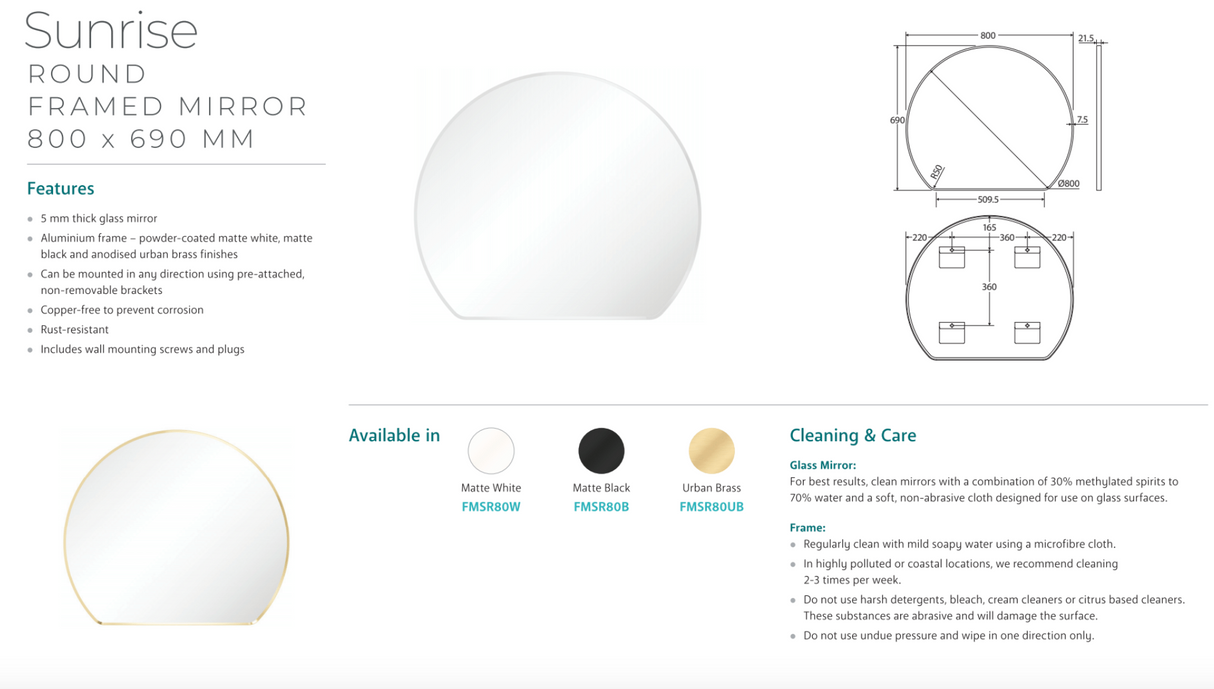 Fienza FMSR80B Sunrise Matte Black Round Framed Mirror, 800 x 690