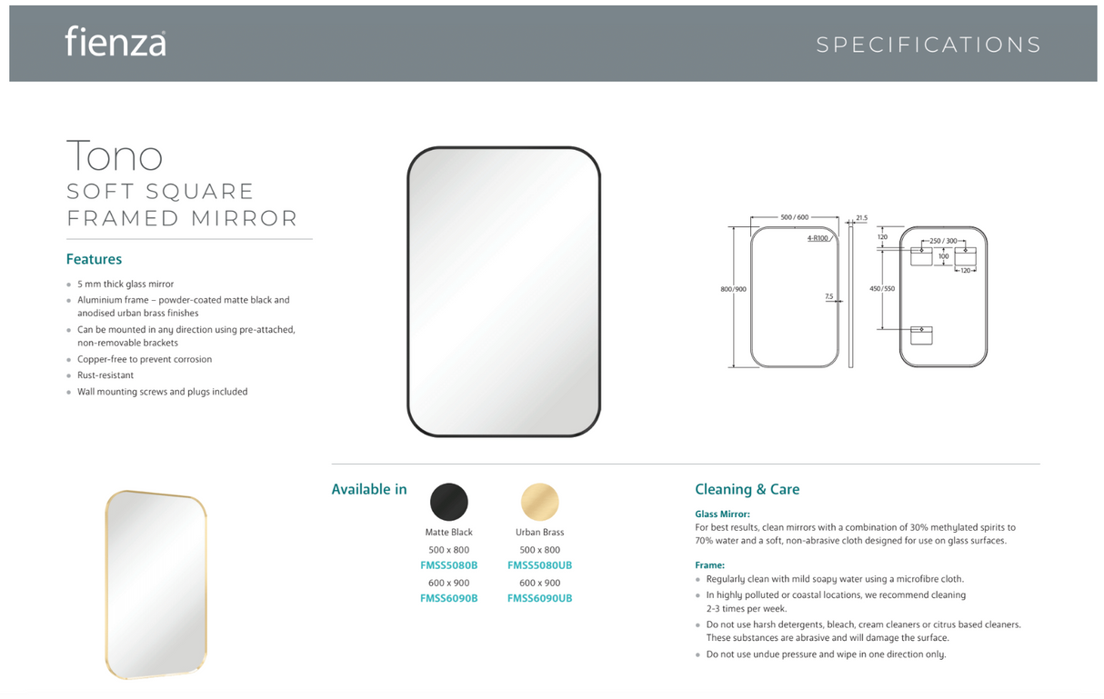Fienza FMSS6090UB Tono Urban Brass Soft Square Framed Mirror, 600 x 900mm