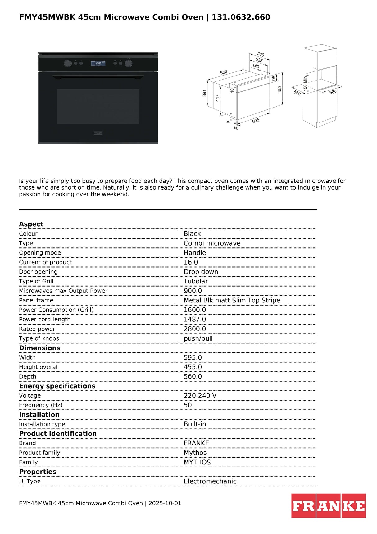 Franke FMY45MWBK Mythos 45cm Black Glass Microwave Combi Oven