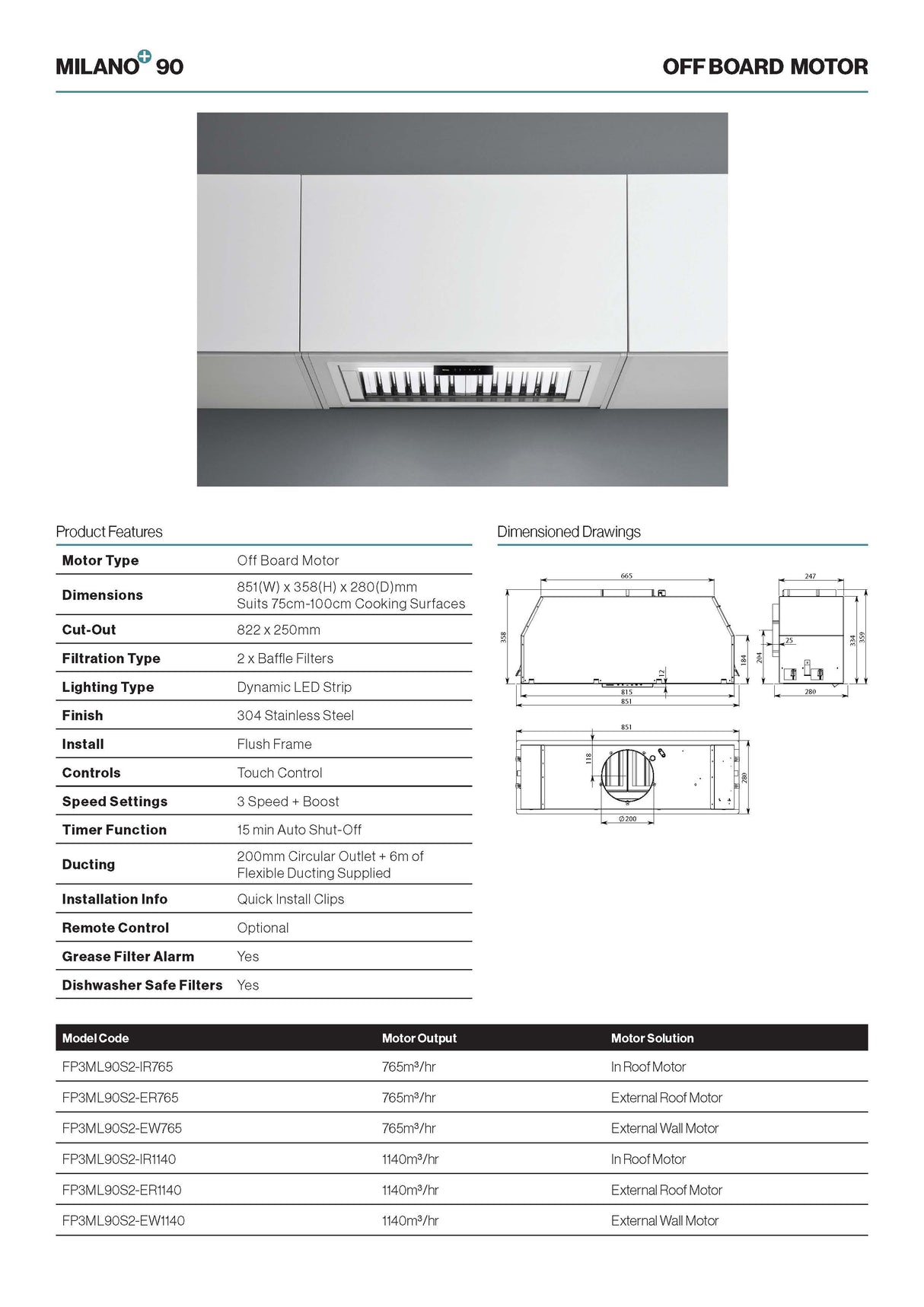 Falmec FP3ML90S2-ER1140 90cm Milano+ Undermount Rangehood with External Roof Motor