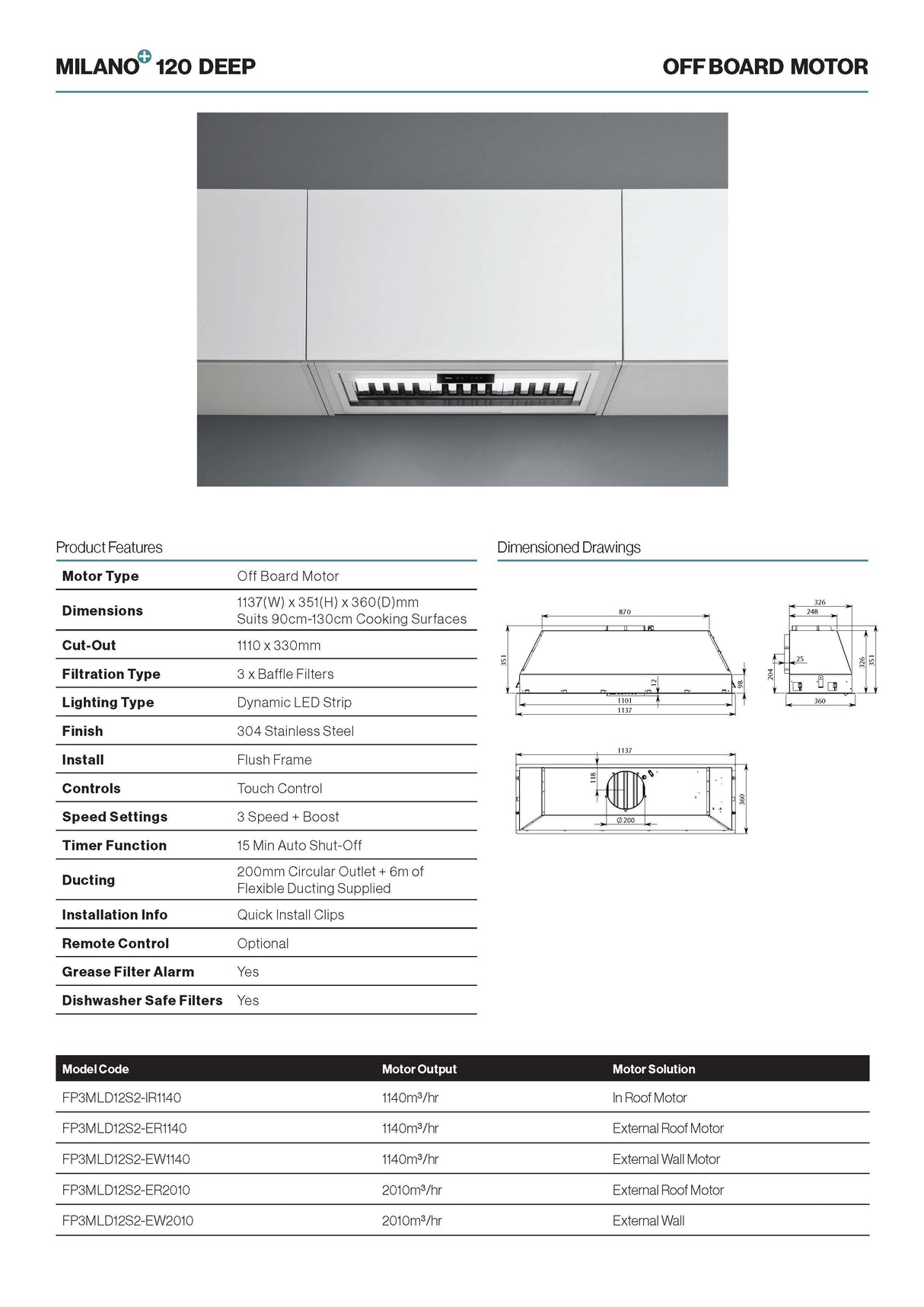 Falmec FP3MLD12S2-EW1140 Milano+ 120cm Deep Cupboard Rangehood with External Wall Motor