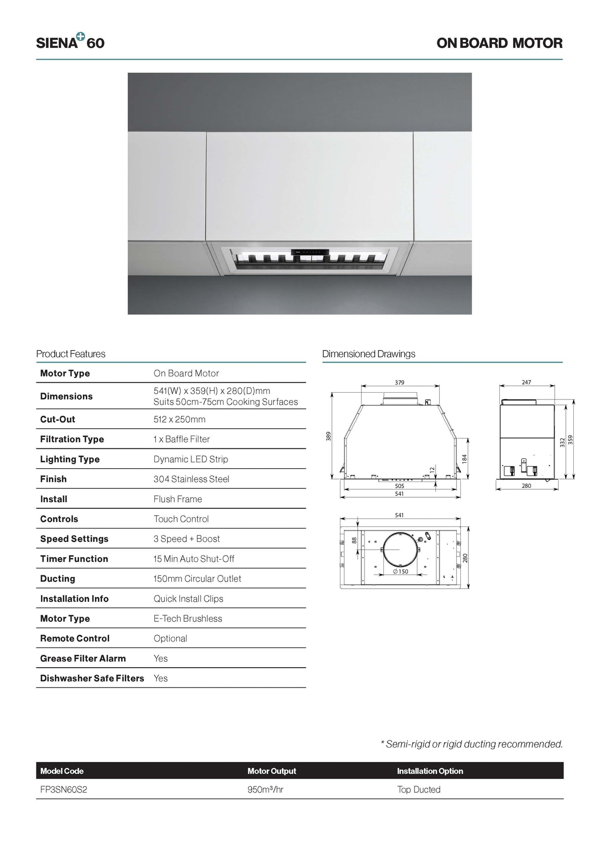 Falmec FP3SN60S2 60cm Siena+ Under Cupboard Rangehood, Stainless Steel, 950m3