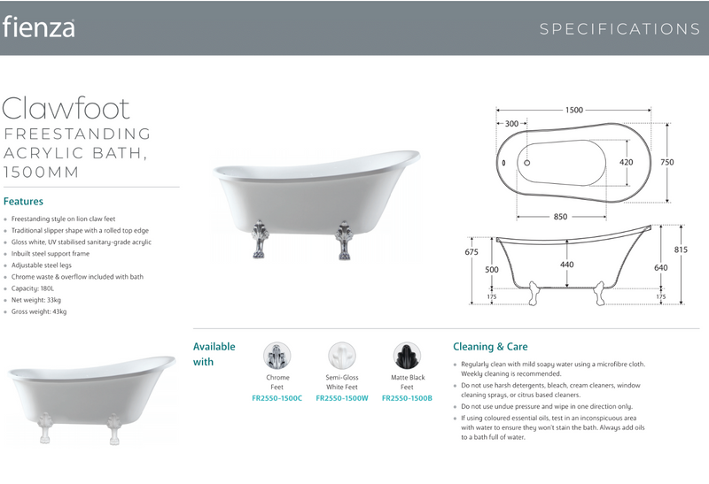Fienza FR2550-1500W 1500mm Clawfoot Freestanding Acrylic Bath, Semi-Gloss White Feet - Special Order