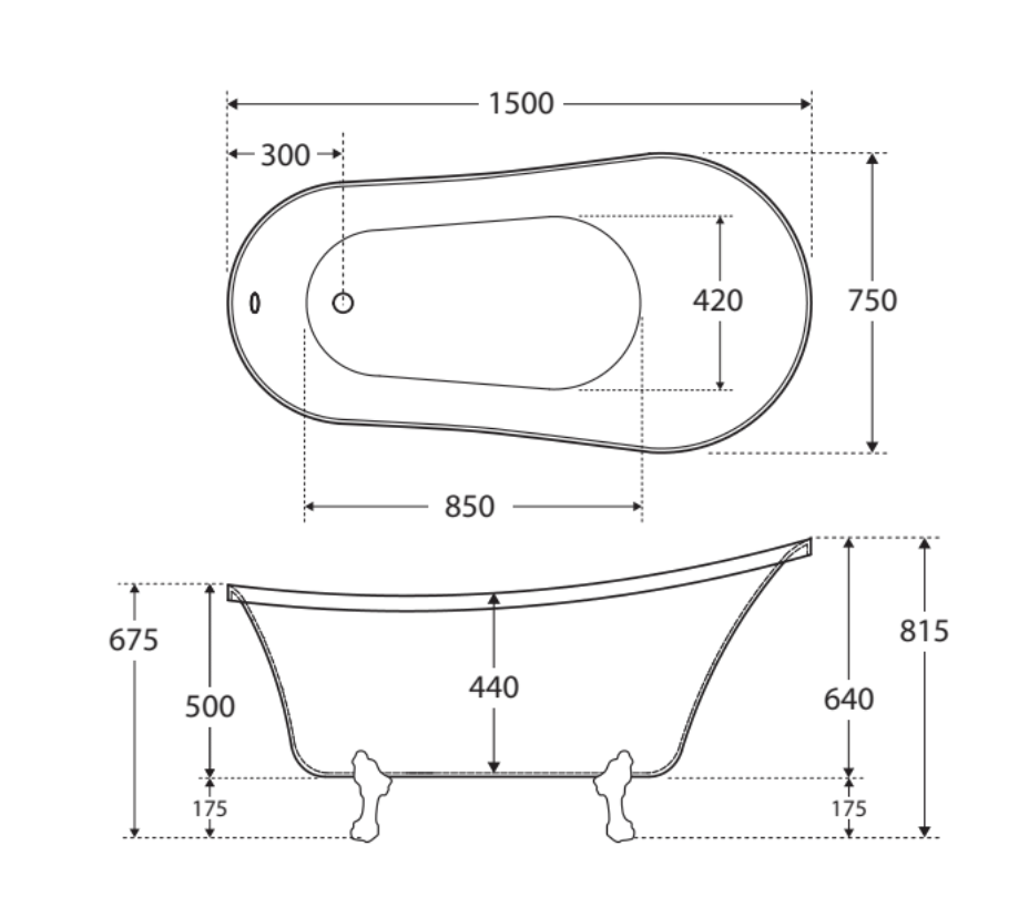Fienza FR2550-1500C 1500mm Clawfoot Freestanding Acrylic Bath, Chrome Feet