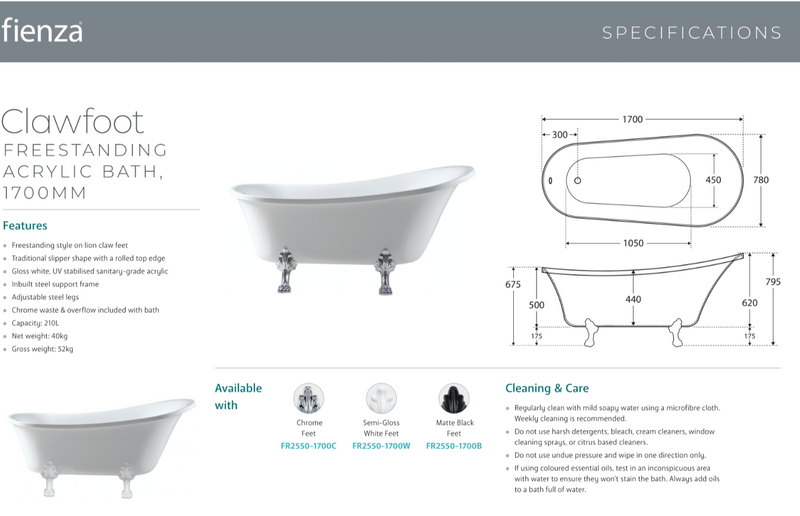 Fienza FR2550-1700B 1700mm Clawfoot Freestanding Acrylic Bath, Matte Black Feet - Special Order