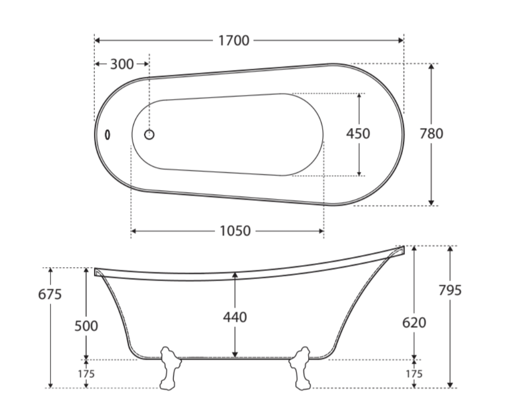 Fienza FR2550-1700W 1700mm Clawfoot Freestanding Acrylic Bath, Semi-Gloss White Feet