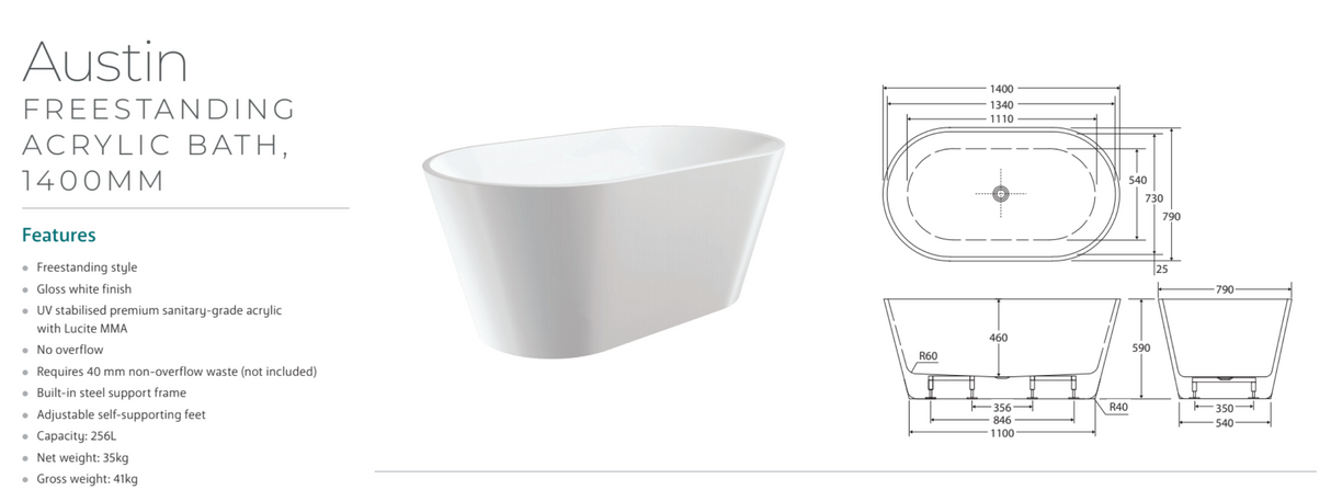 Fienza FR71-1400 Austin Freestanding Acrylic Bath 1400mm, Gloss White