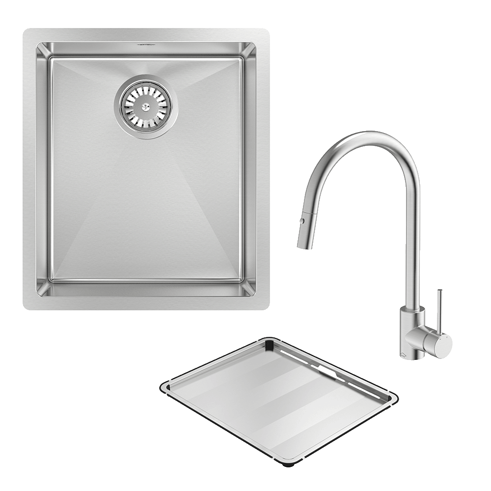Abey Alfresco Sink Single Bowl 380x440mm Sink FRA340T15 (DTA18-316 + KTA037-316-BR) Topmount/Undermount (Inc. Pullout Kitchen Mixer & Tray) Stainless Steel - Special Order