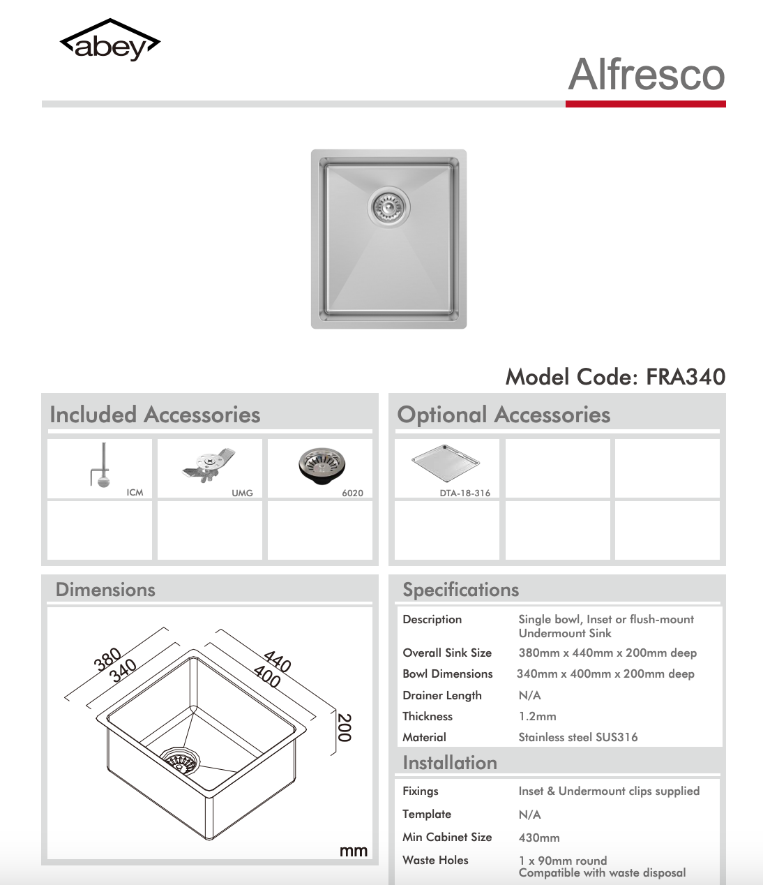 Abey Alfresco Sink Single Bowl 380x440mm Sink FRA340T15 (DTA18-316 + KTA037-316-BR) Topmount/Undermount (Inc. Pullout Kitchen Mixer & Tray) Stainless Steel - Special Order