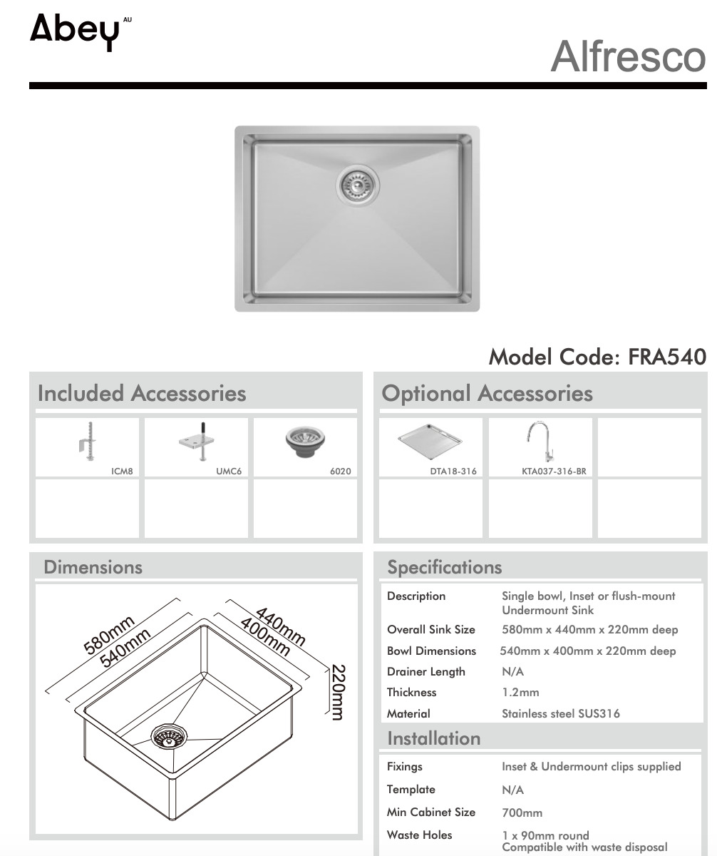 Abey Alfresco Sink Single Bowl 580x440mm Sink FRA540T (DTA18-316 + 517000) Topmount/Undermount (Inc. Kitchen Mixer & Tray) Stainless Steel - Special Order