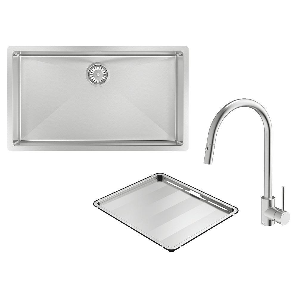 Abey Alfresco Sink Single Bowl 740x440mm Sink FRA700T15 (DTA18-316 + KTA037-316-BR) Topmount/Undermount (Inc. Kitchen Mixer & Tray) Stainless Steel - Special Order