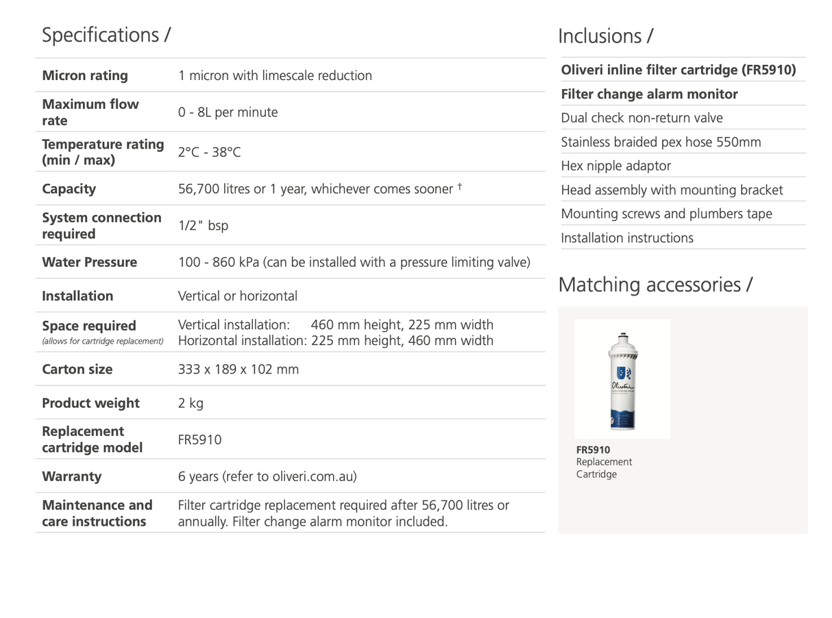 Oliveri FS5010 Inline Water Filter System