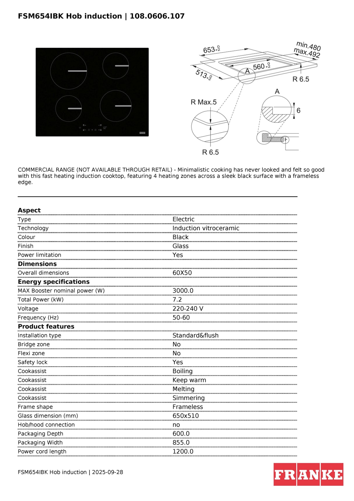 Franke FSM654IBK Urban 60cm Black Glass Induction Cooktop