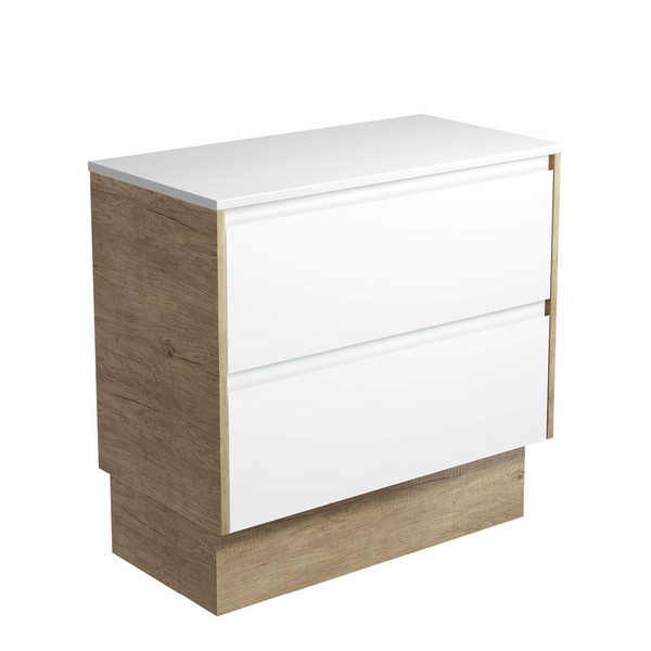 Fienza 90BWSK Amato 900 On Kickboard Cabinet, Scandi Oak Panels, Satin White, Cabinet Only - Special Order
