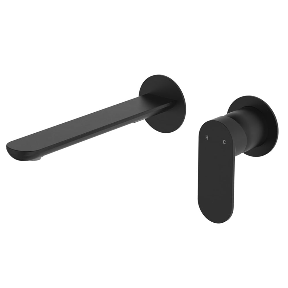 Fienza 234104B-200-LF Empire Slim Basin/Bath Wall Mixer Set, Round Plates, 200mm Outlet, Lead Free, Matte Black