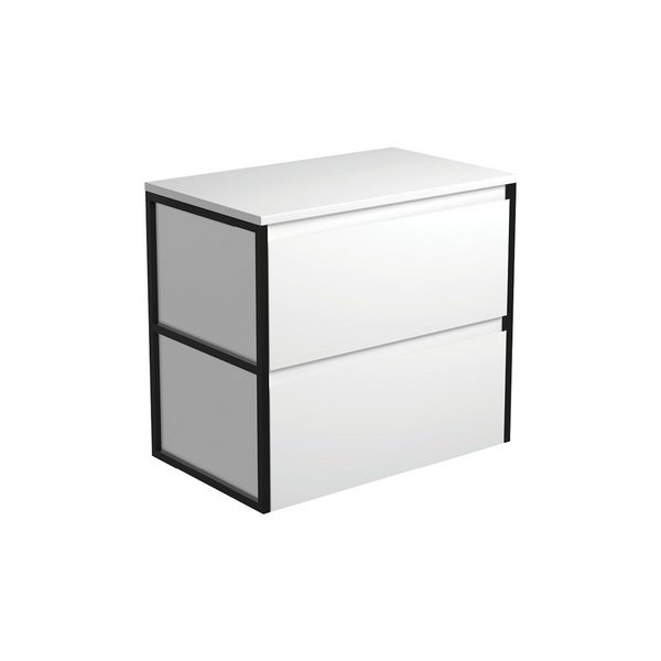Fienza 75BWF Amato 750 Wall Hung Cabinet, Matte Black Frames, Satin White, Cabinet Only - Special Order