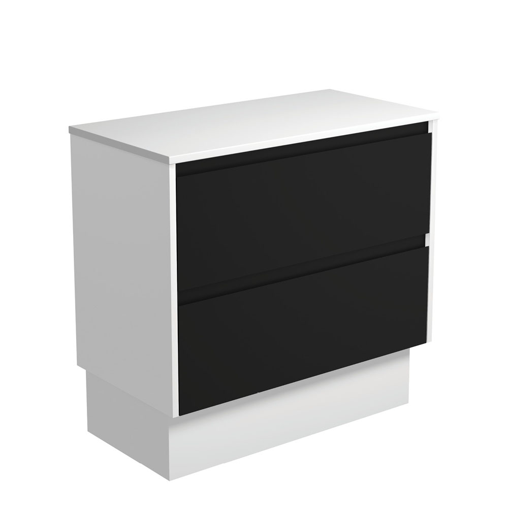 Fienza 90BBWK Amato 900 On Kickboard Cabinet, Satin White Panels, Satin Black, Cabinet Only