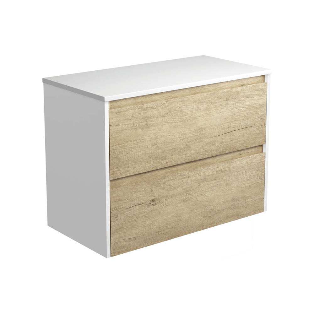 Fienza 90BSW Amato 900 Wall Hung Cabinet, Satin White Panels, Scandi Oak, Cabinet Only