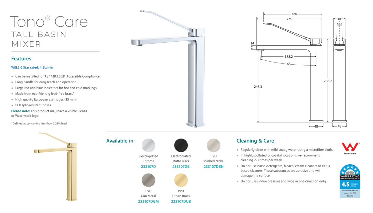 Fienza 233107D Tono Care Tall Basin Mixer Chrome