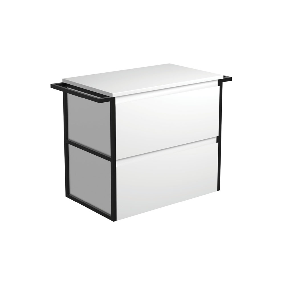 Fienza 75BWT Amato 900 Wall Hung Cabinet, Matte Black Towel Rails, Satin White, Cabinet Only