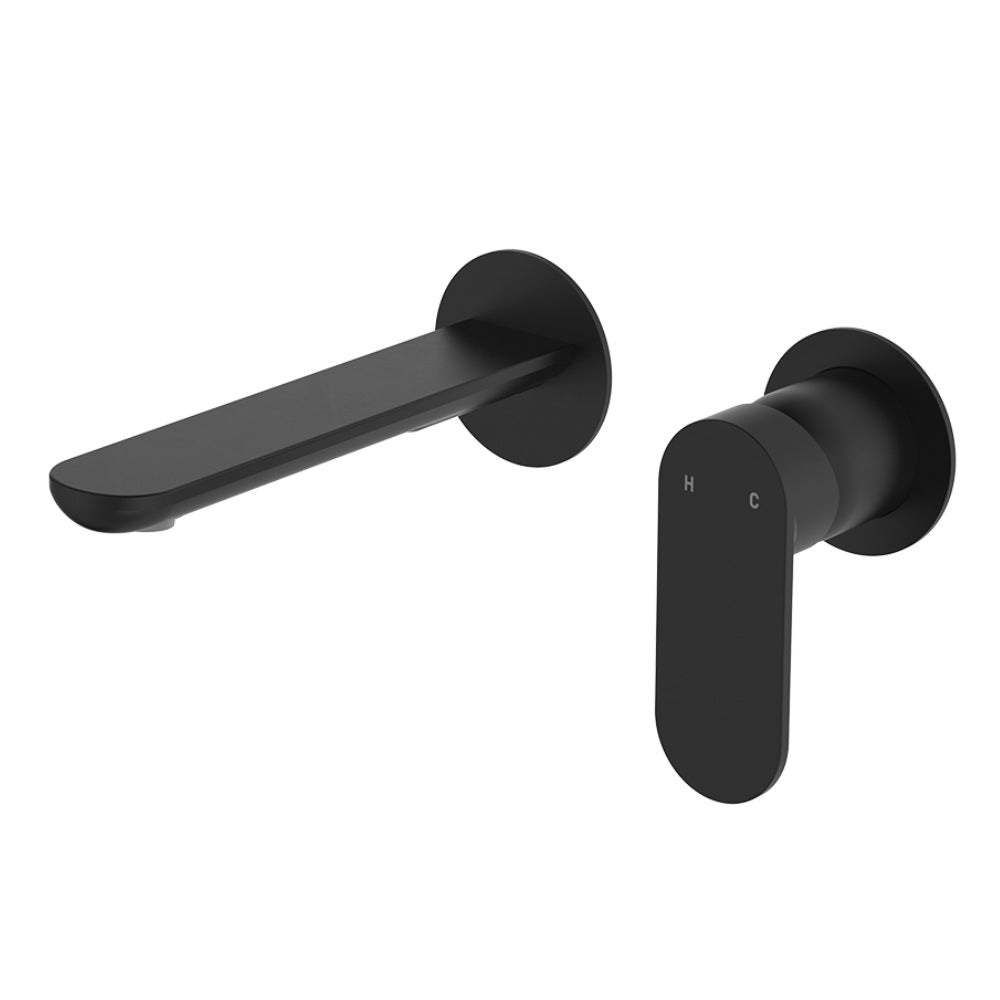 Fienza 234104B-LF Empire Slim Basin/Bath Wall Mixer Set, Round Plates, 160mm Outlet, Lead Free, Matte Black